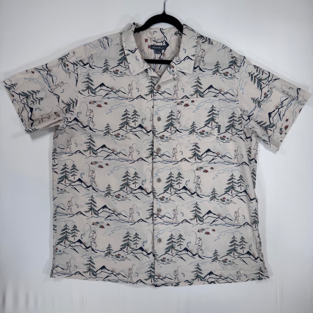 Eddie Bauer Button Down Shirt Fishing Print Beige XLT XL Tall Gorpcore Outdoor